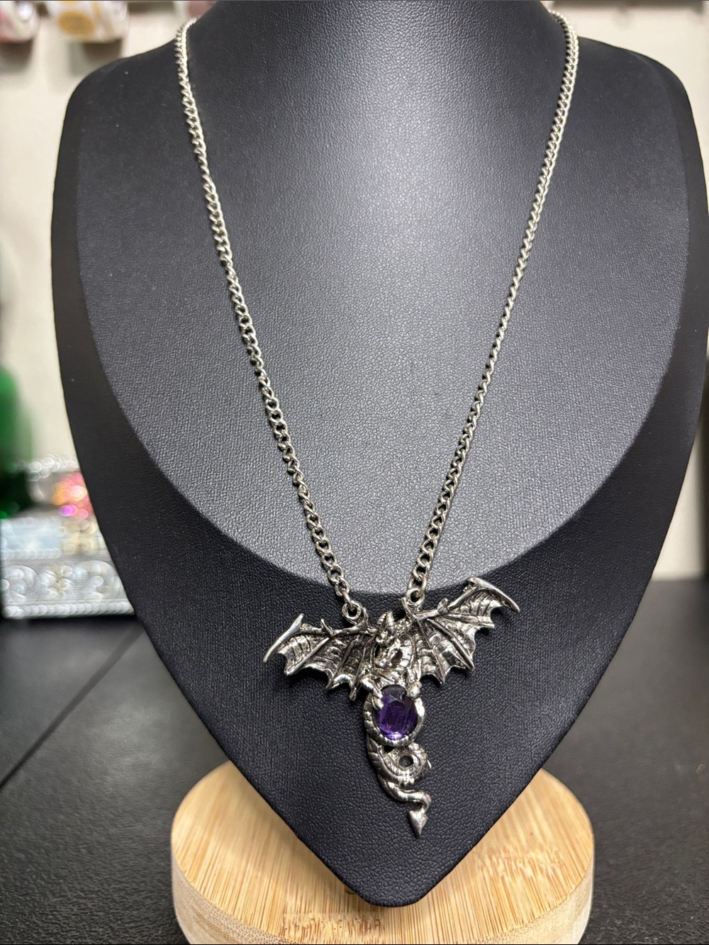 Unisex Silver Dragon Pendant Necklace Purple Gem Goth Emo Jewelry